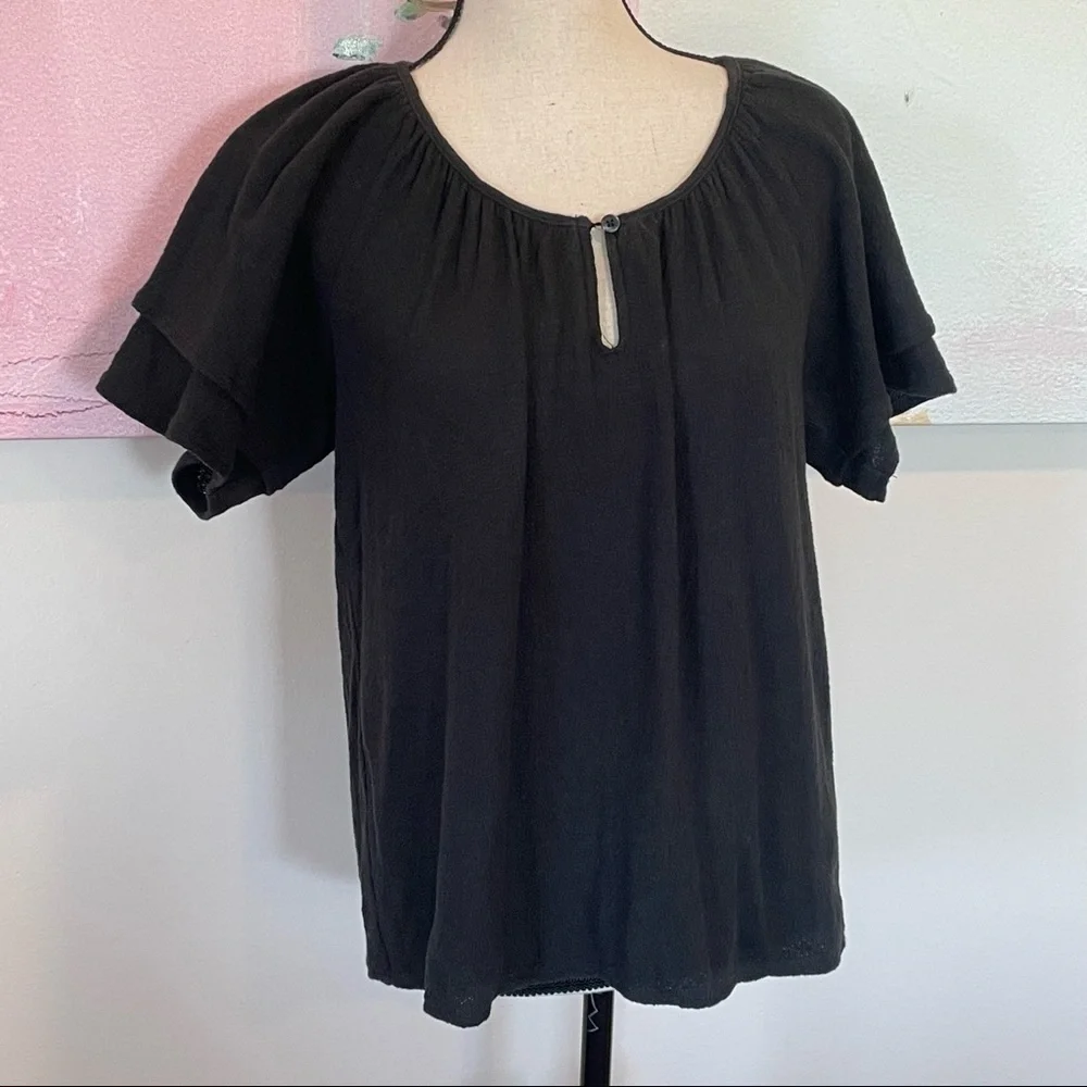 Madewell Womens Texture & Thread Tiered Sleeve Top Cotton in Black Sz M